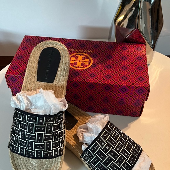Tory Burch Ribbon Espadrille Slide Herringbone Size 10.5 Color Navy & Ivory - Picture 2 of 6